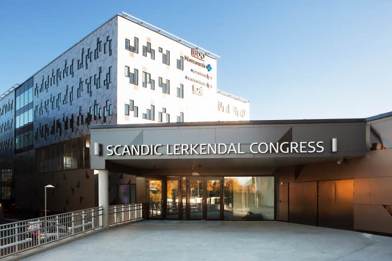 Fasade og hovedinngang til kongressenteret, Scandic Lerkendal