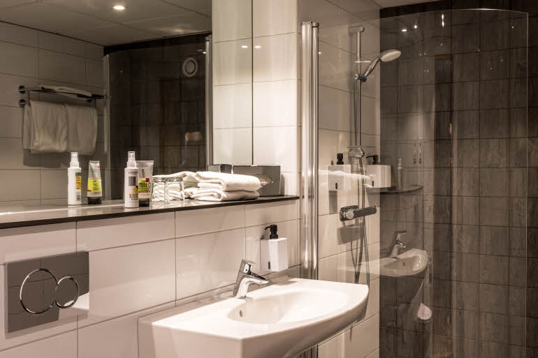 Sink and shower in bathroom in Master Suite at Scandic Infra City